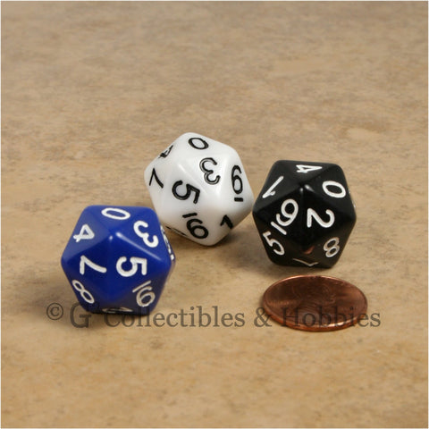 D10 (20 Sided) 0-9 Twice RPG Dice Set 3pc - Blue, Black, White