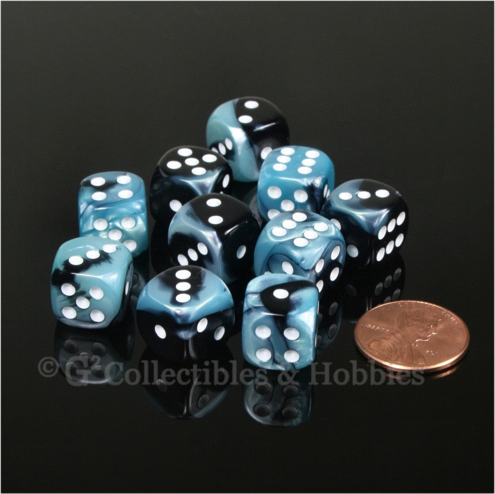 D6 12mm Gemini Black/Shell Blue with White Pips 10pc Dice Set