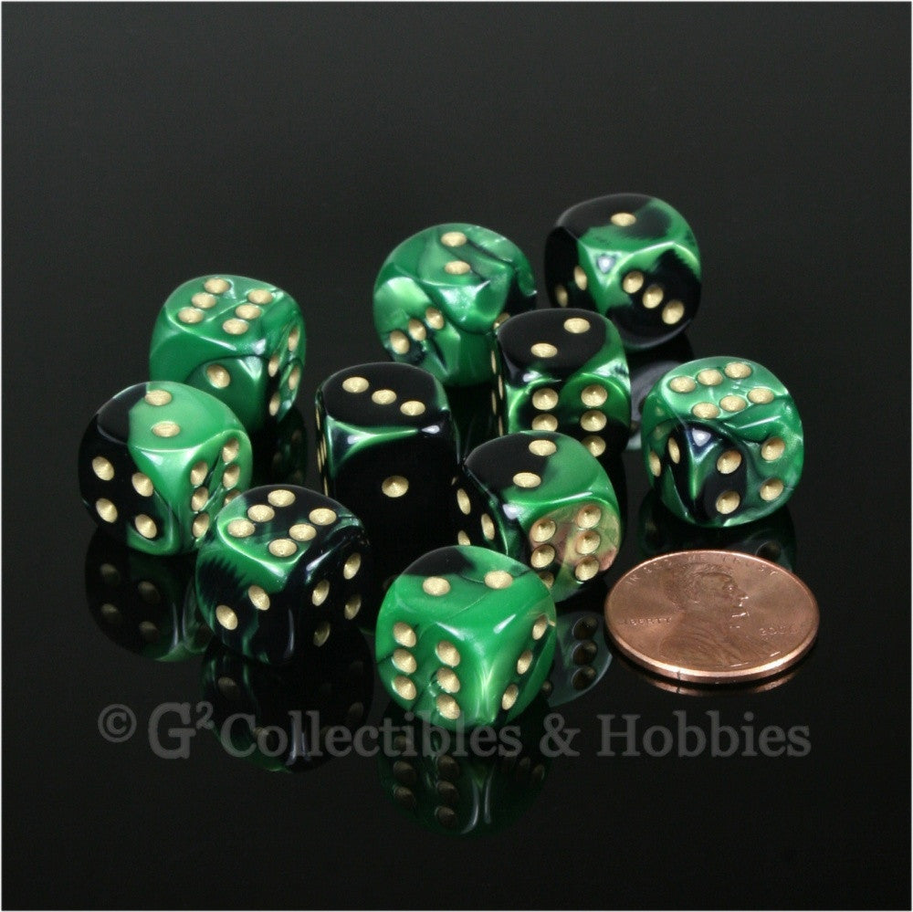 D6 12mm Gemini Black/Green with White Pips 10pc Dice Set