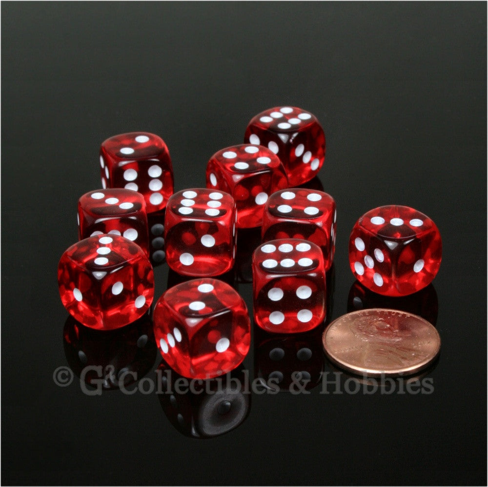 D6 12mm Transparent Red with White Pips 10pc Dice Set