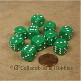 D6 12mm Rounded Edge Green with White Pips 10pc Dice Set