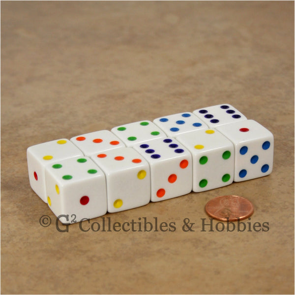 D6 19mm Opaque White with Multi-Color Pips 10pc Dice Set – G2 Collectibles  & Hobbies