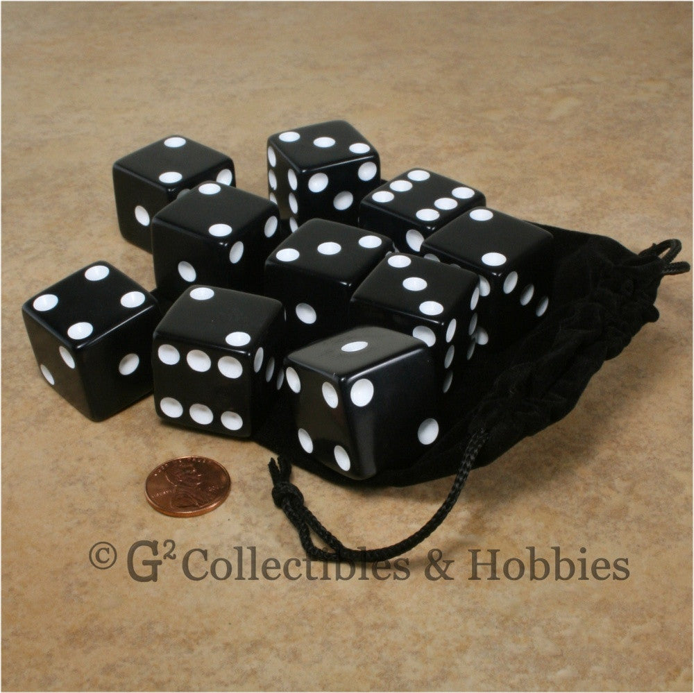 D6 25mm Opaque Black with White Pips 10pc Dice & Bag Set