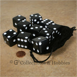 D6 25mm Opaque Black with White Pips 10pc Dice & Bag Set