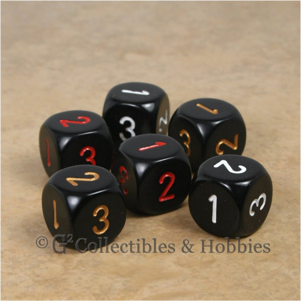 D3 (6 Sided) RPG Dice Set 6pc - Black with Red Gold White Numbers