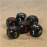 D3 (6 Sided) RPG Dice Set 6pc - Black with Red Gold White Numbers