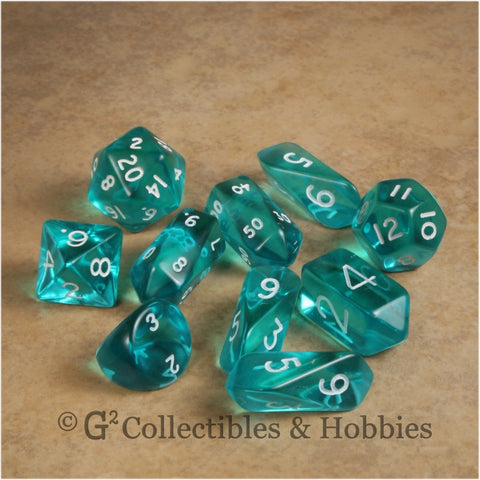 RPG Dice Set Hybrid Transparent Aqua Blue with White Numbers 10p