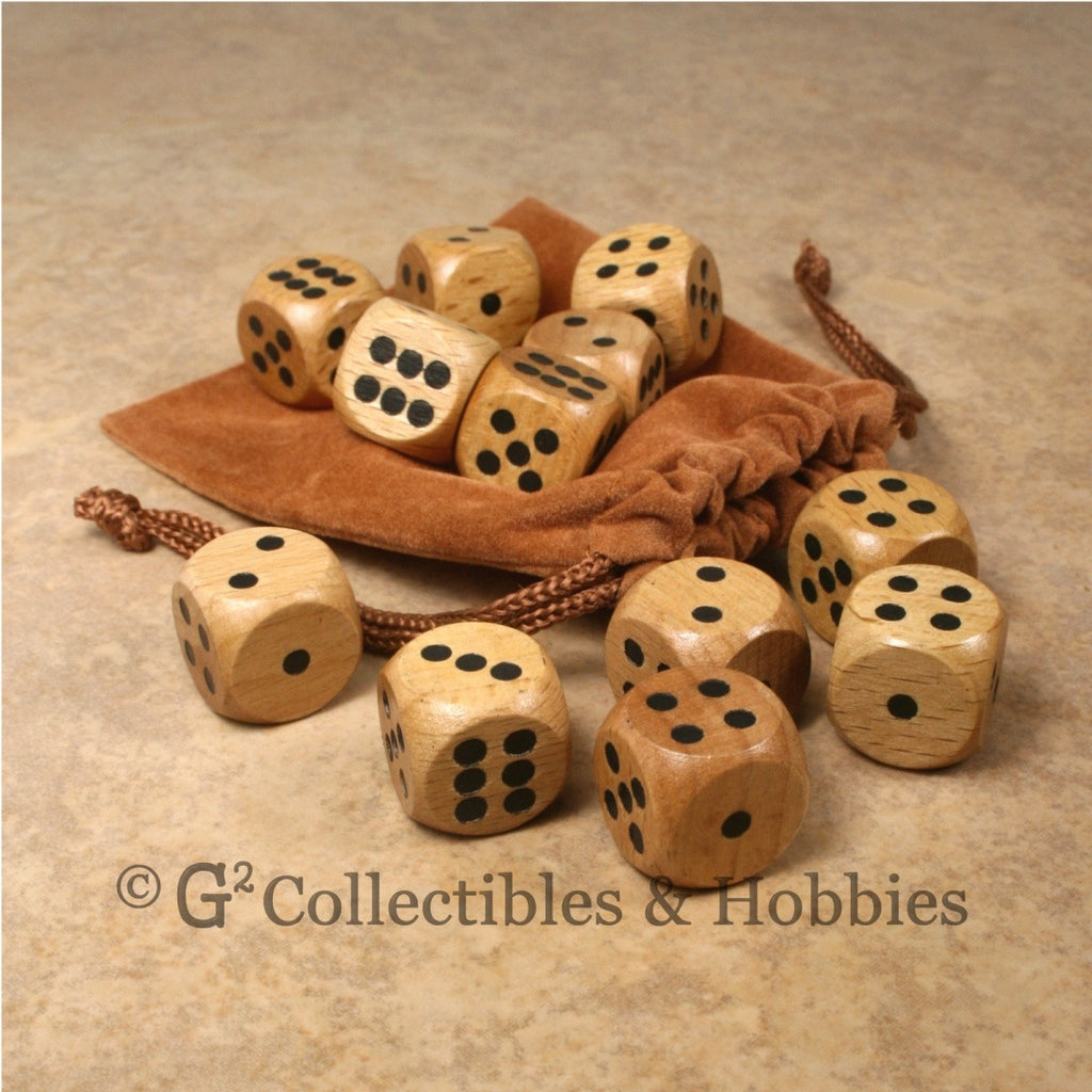 D6 16mm Wood (Light Stained) 12pc Dice & Bag Set