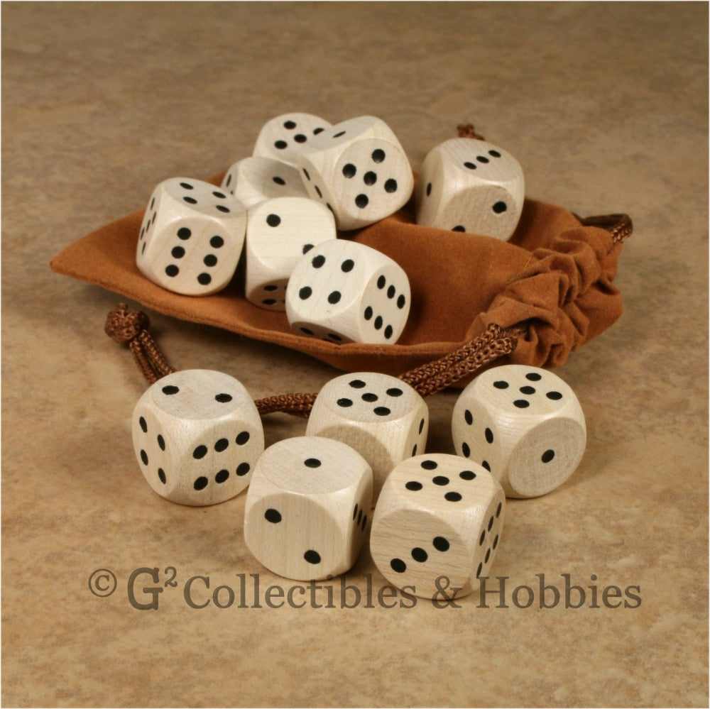 D6 16mm Wood (Clear Stained) 12pc Dice & Bag Set