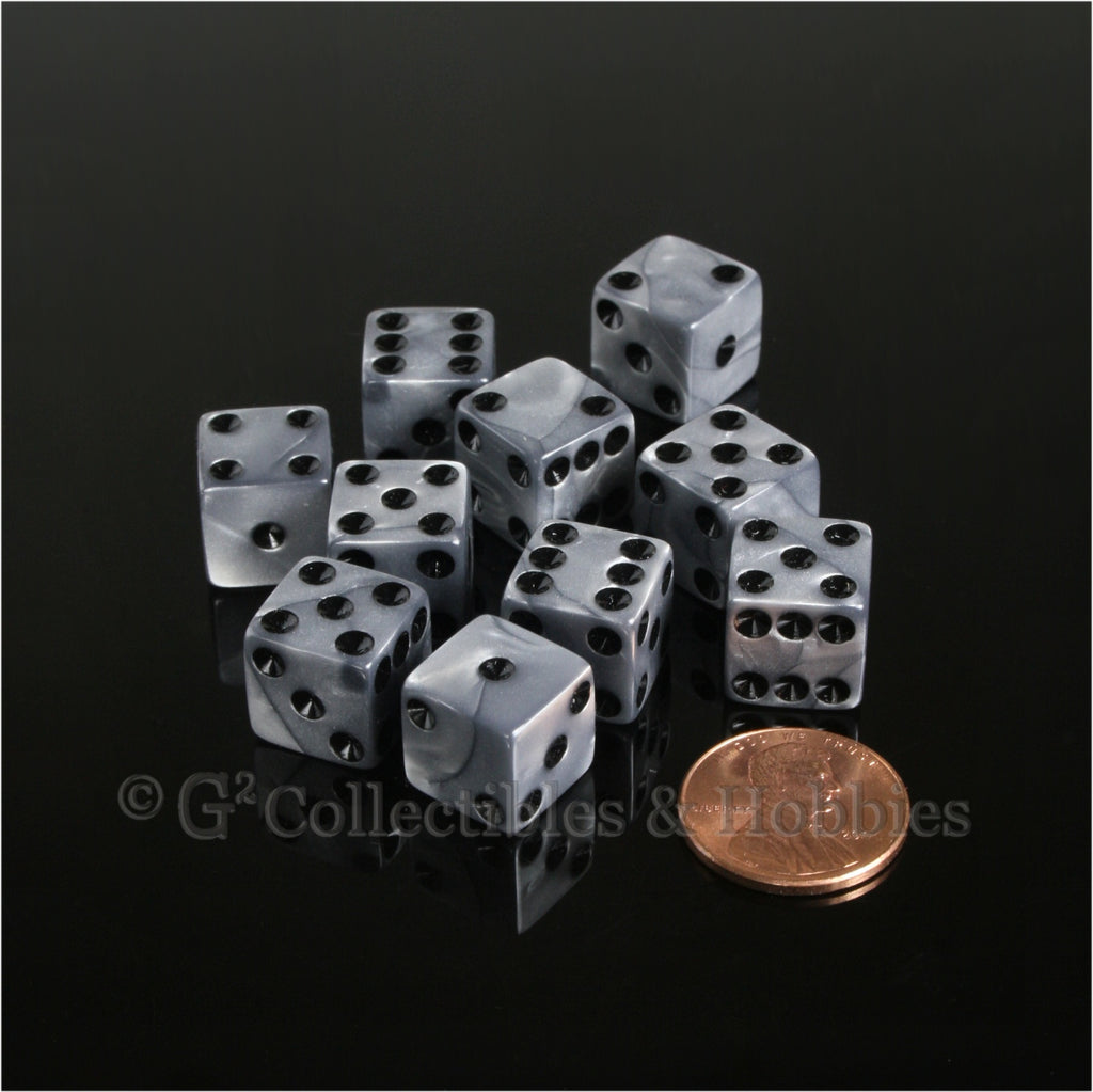 D6 12mm Pearlized Olympic Silver with Black Pips 10pc Dice Set