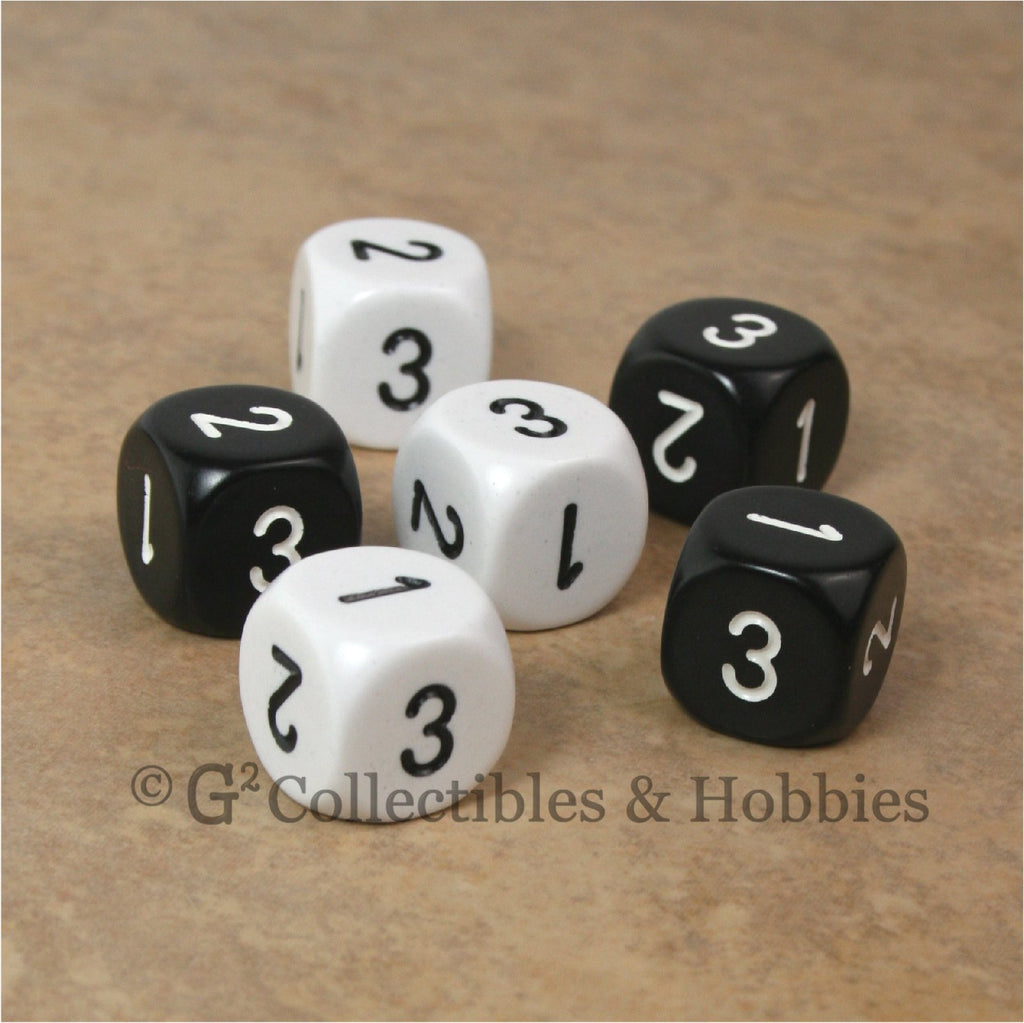 D3 (6 Sided) RPG Dice Set 6pc - Black & White