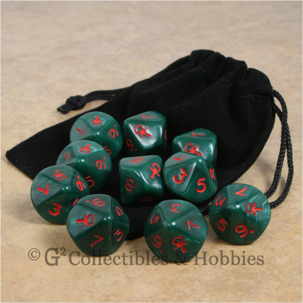 D10 Ankh Pearlized Green with Red Numbers 10pc Dice & Bag Set