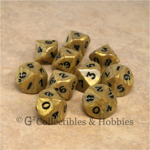 D10 Olympic Pearlized Gold with Black Numbers 10pc Dice Set