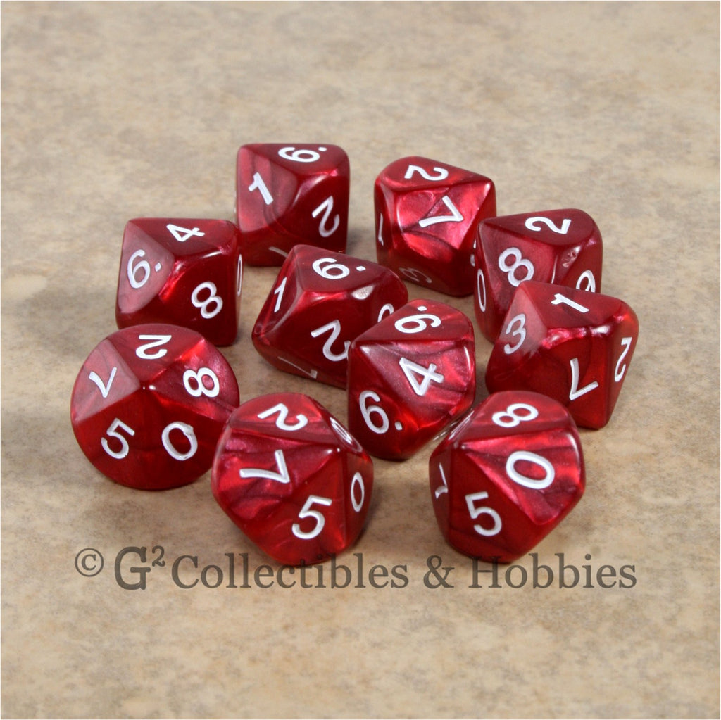 D10 Pearlized Red with White Numbers 10pc Dice Set
