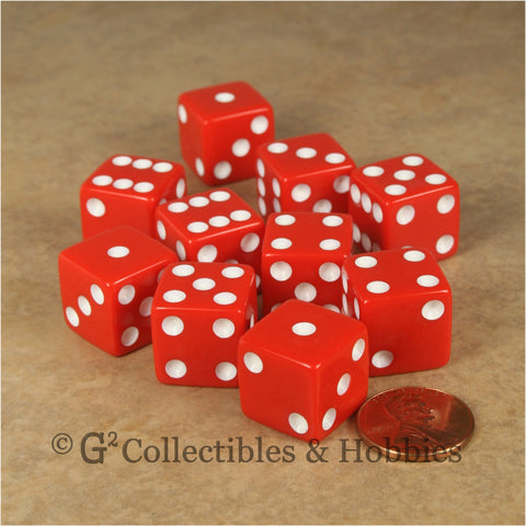 D6 16mm Opaque Red with White Pips 10pc Dice Set
