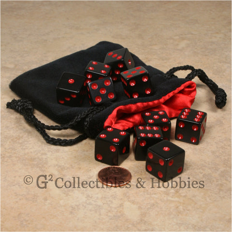D6 16mm Opaque Black with Red Pips 10pc Dice Set w/ Velvet Bag