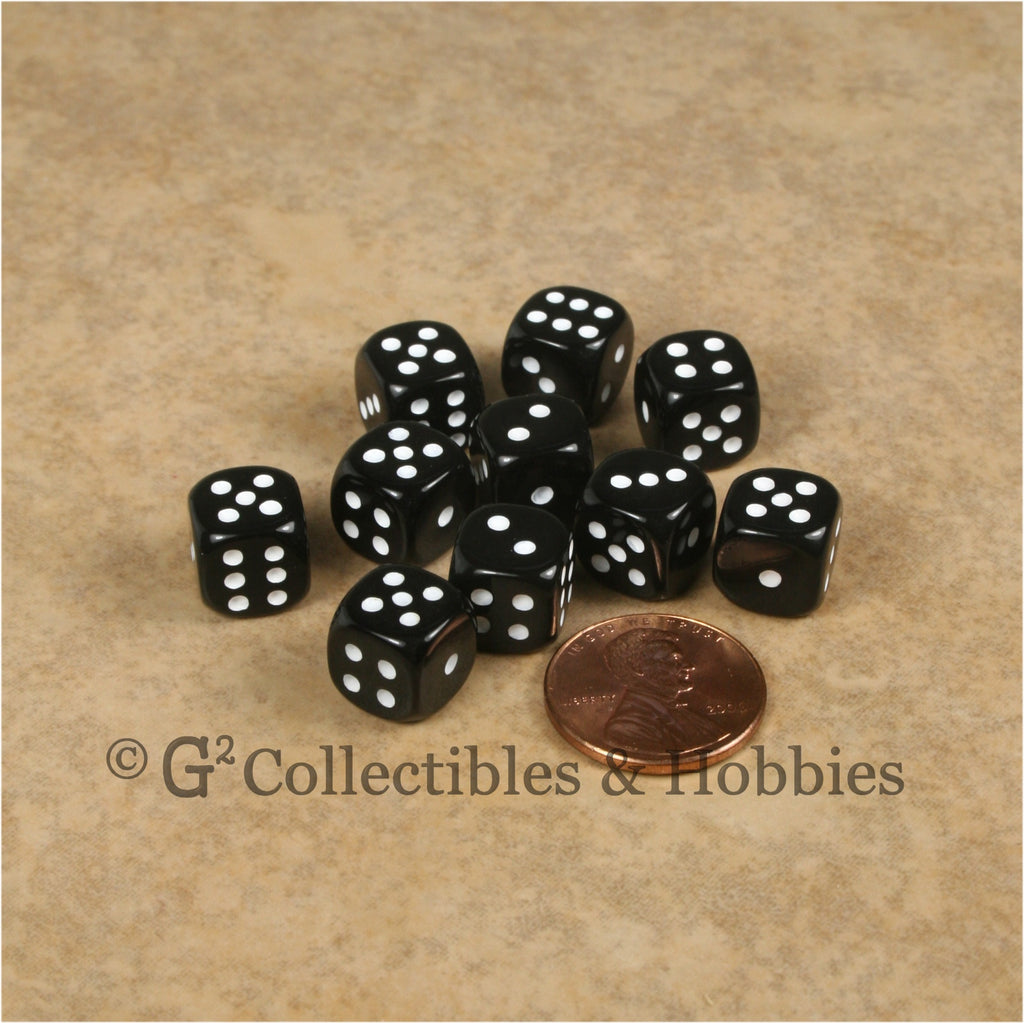D6 10mm Opaque Black with White Pips 10pc Dice Set
