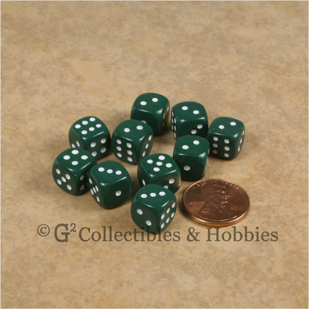 D6 10mm Opaque Hunter Green with White Pips 10pc Dice Set – G2