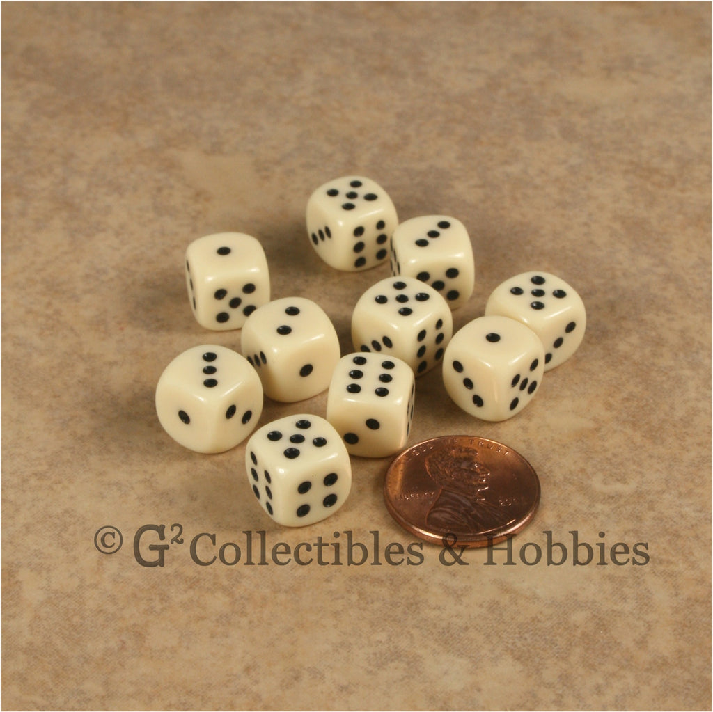 D6 10mm Opaque Ivory with Black Pips 10pc Dice Set
