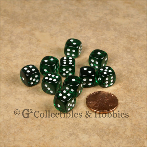 D6 10mm Transparent Green with White Pips 10pc Dice Set