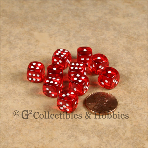 D6 10mm Transparent Red with White Pips 10pc Dice Set
