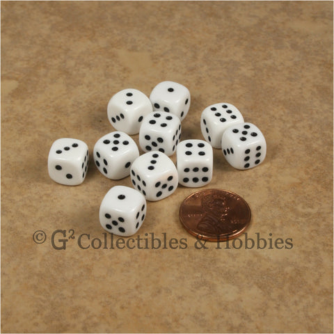 D6 10mm Opaque White with Black Pips 10pc Dice Set