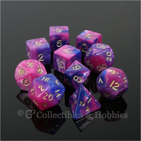 RPG Dice Set Toxic Blue Pink with Gold Numbers 10pc