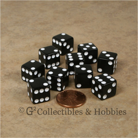 D6 12mm Opaque Black with White Pips 10pc Dice Set