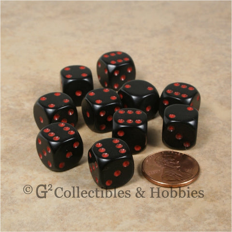 D6 12mm Rounded Edge Black with Red Pips 10pc Dice Set