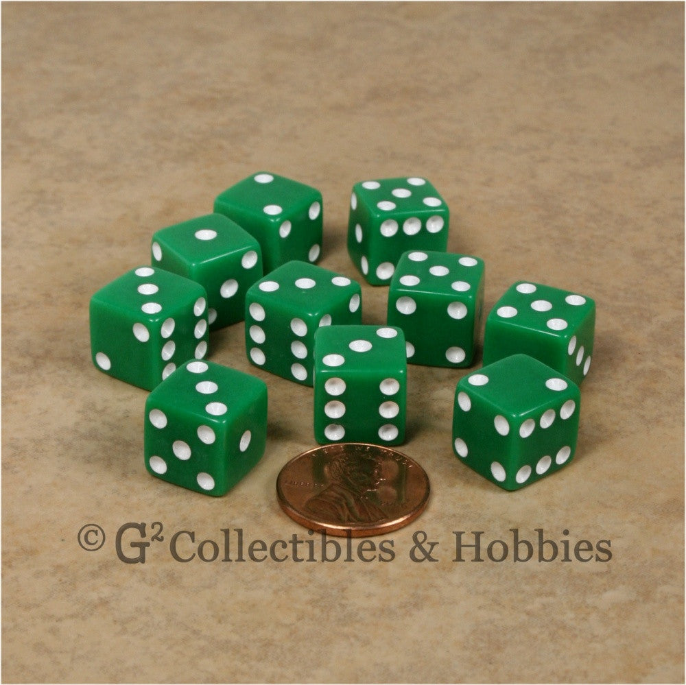 D6 12mm Opaque Green with White Pips 10pc Dice Set