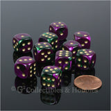 D6 12mm Gemini Purple/Green with Gold Pips 10pc Dice Set