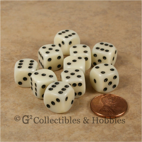 D6 12mm Rounded Edge Ivory with Black Pips 10pc Dice Set