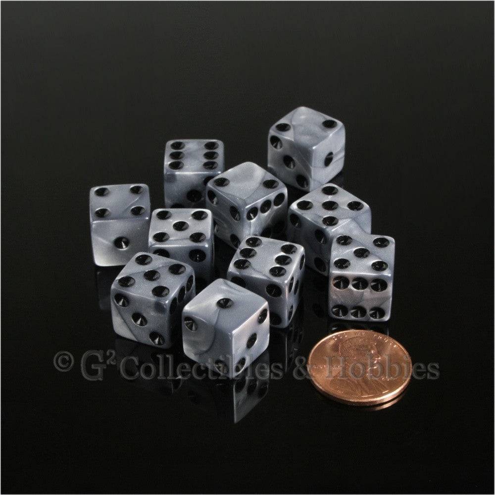 D6 12mm Pearlized Silver with Black Pips 10pc Dice Set