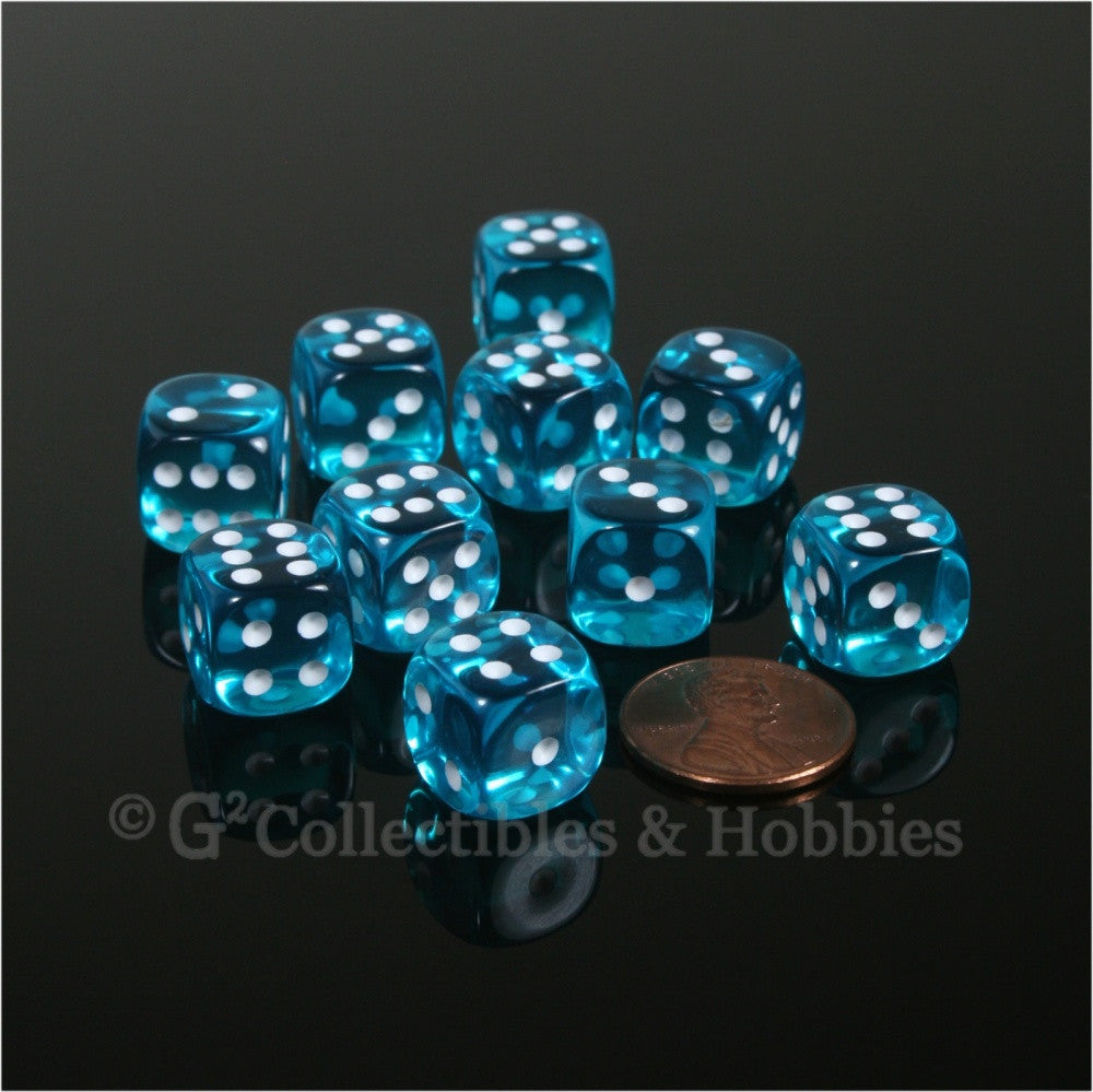 D6 12mm Transparent Teal with White Pips 10pc Dice Set