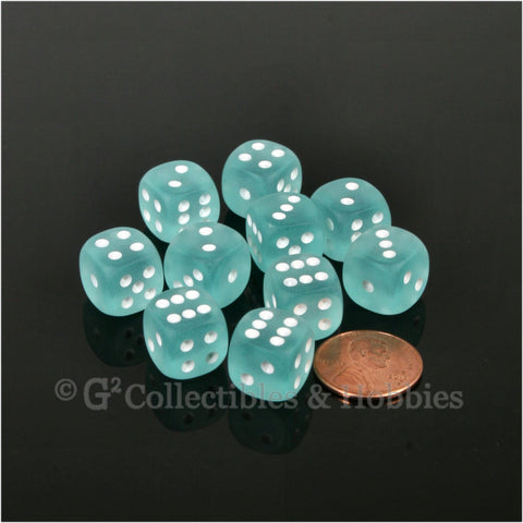D6 12mm Frosted Teal with White Pips 10pc Dice Set