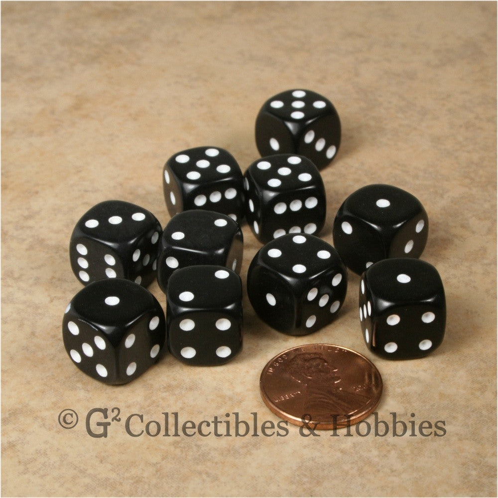 D6 12mm Rounded Edge Black with White Pips 10pc Dice Set