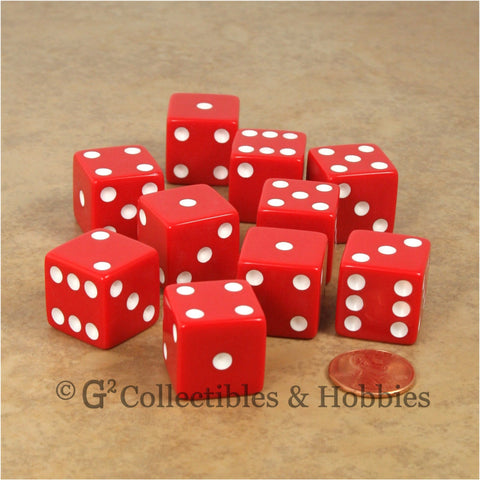 D6 19mm Opaque Red with White Pips 10pc Dice Set