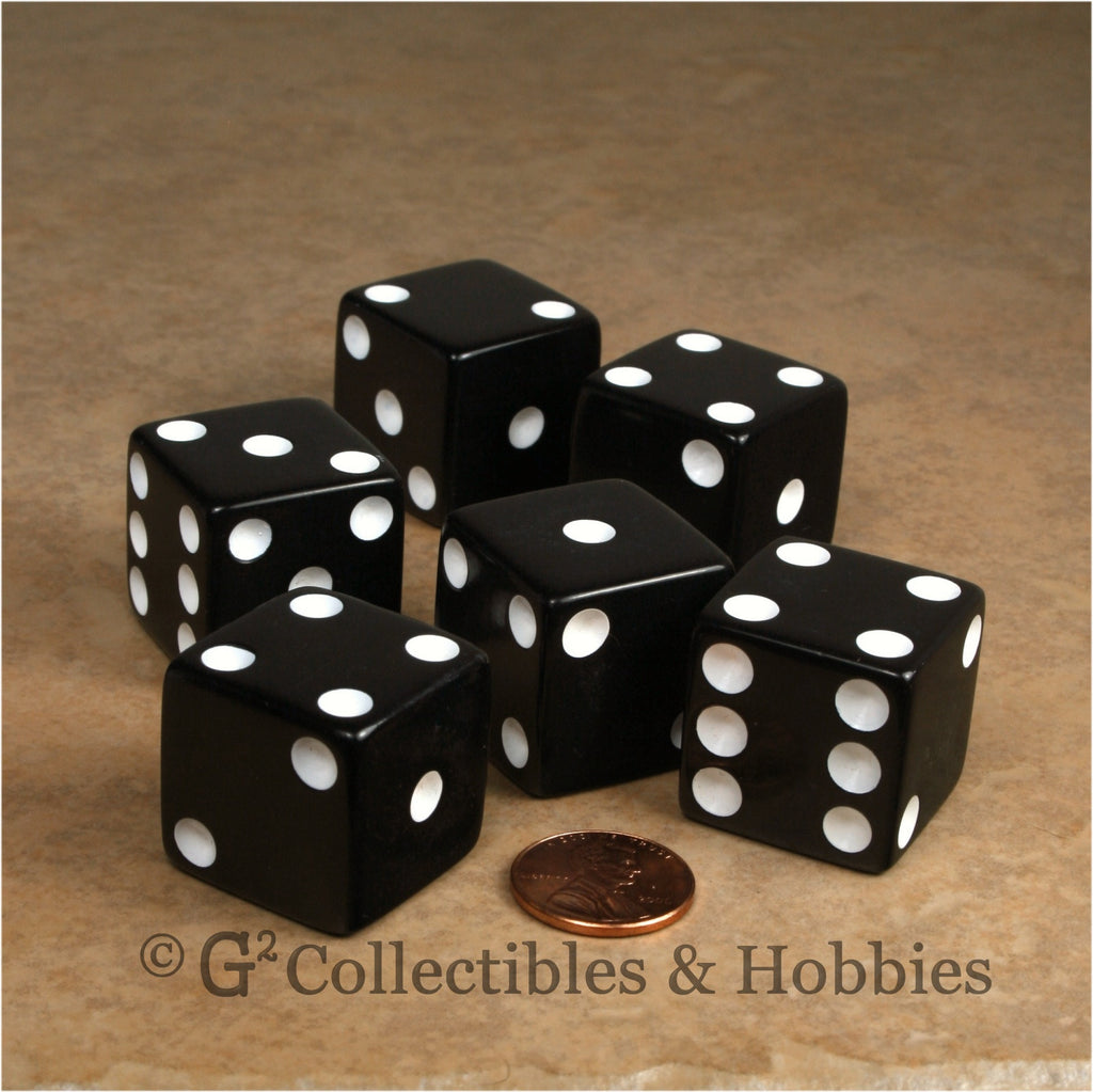 D6 25mm Opaque Black with White Pips 6pc Dice Set