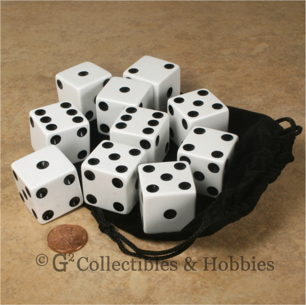 D6 25mm Opaque White with Black Pips 10pc Dice & Bag Set