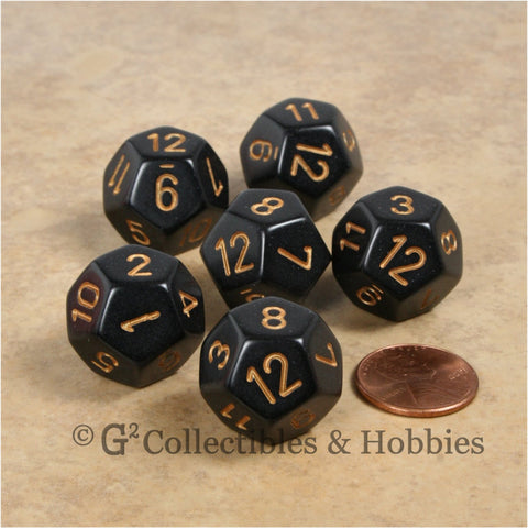 D12 RPG Dice Set : Opaque 6pc - Black with Gold Numbers