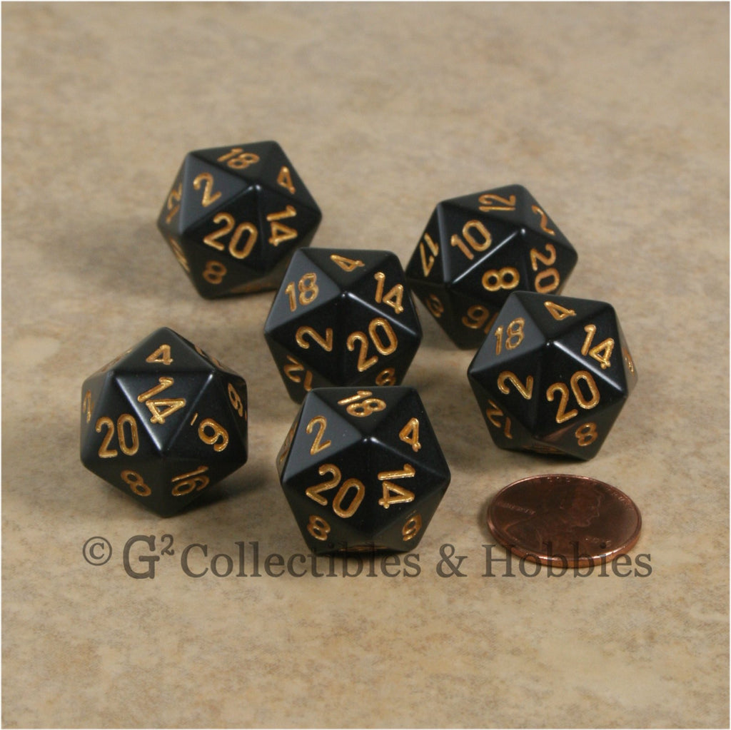 D20 RPG Dice Set : Opaque 6pc - Black with Gold Numbers