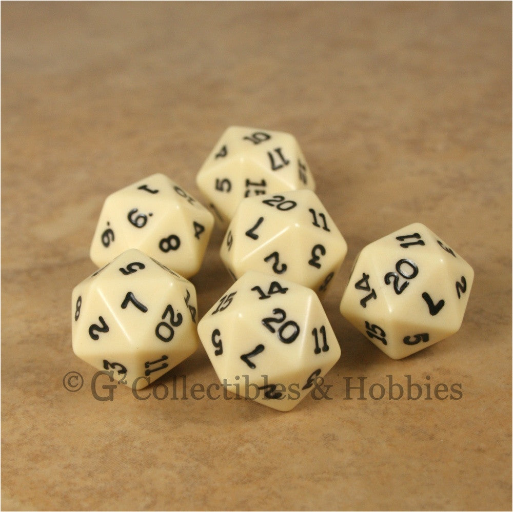 D20 RPG Dice Set : Opaque 6pc - Ivory with Black Numbers
