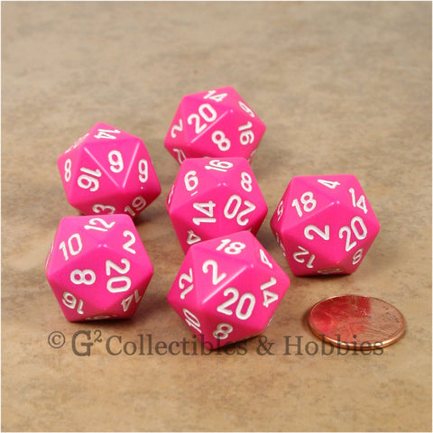 D20 RPG Dice Set : Opaque 6pc - Pink with White Numbers