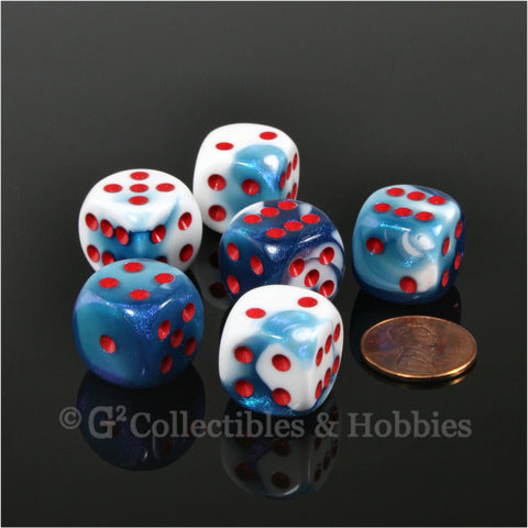 D6 16mm Gemini Astral Blue-White with Red Pips 6pc Dice Set