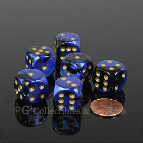 D6 16mm Gemini Black Blue with Gold Pips 6pc Dice Set