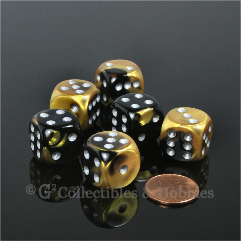 D6 16mm Gemini Black/Gold with Silver Pips 6pc Dice Set