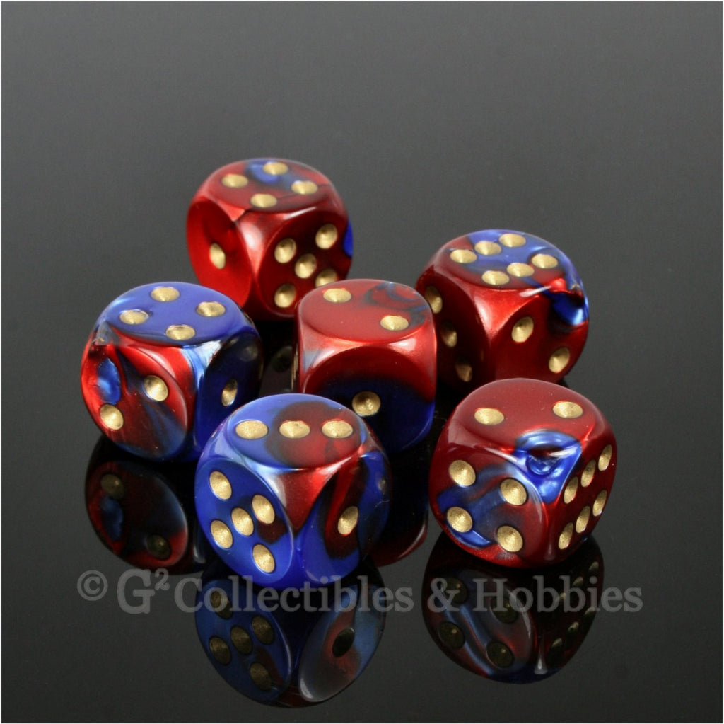 D6 16mm Gemini Blue Red with Gold Pips 6pc Dice Set
