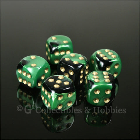 D6 16mm Gemini Black/Green with Gold Pips 6pc Dice Set