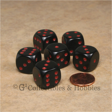 D6 16mm Rounded Edge Black with Red Pips 6pc Dice Set