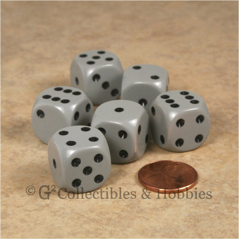 D6 16mm Rounded Edge Gray with Black Pips 6pc Dice Set